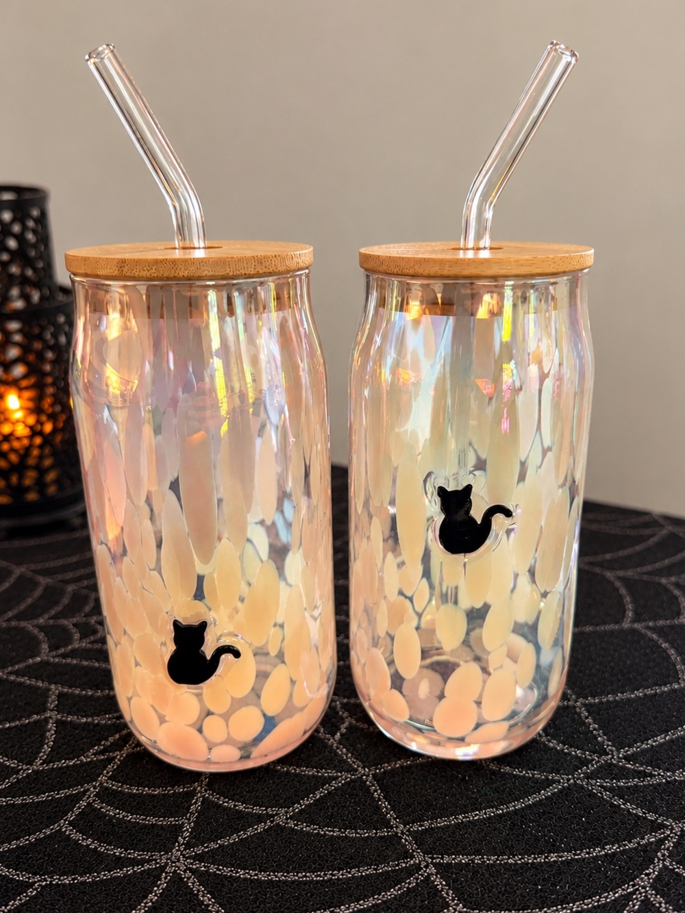 Cat Glass Tumbler with Straws Iridescent -Set of 2